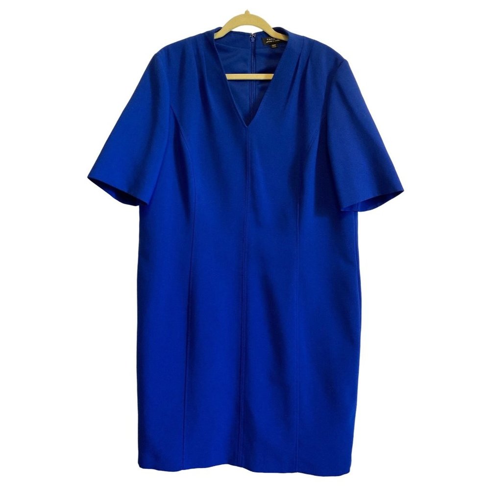 Tahari Shift Dress Blue V Neck Short Sleeve Pleated Lined Career